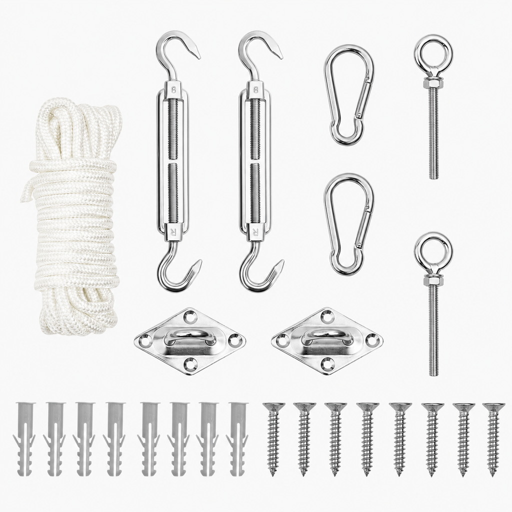 Kit fixation voile d'ombrage avec vis à anneau et corde en inox