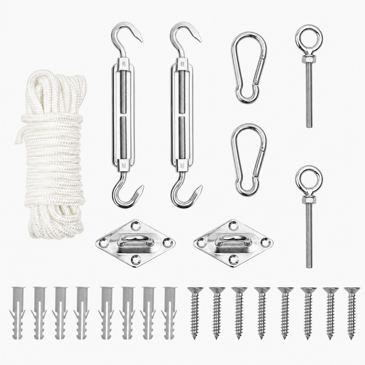 Kit fixation voile d'ombrage avec vis à anneau et corde en inox