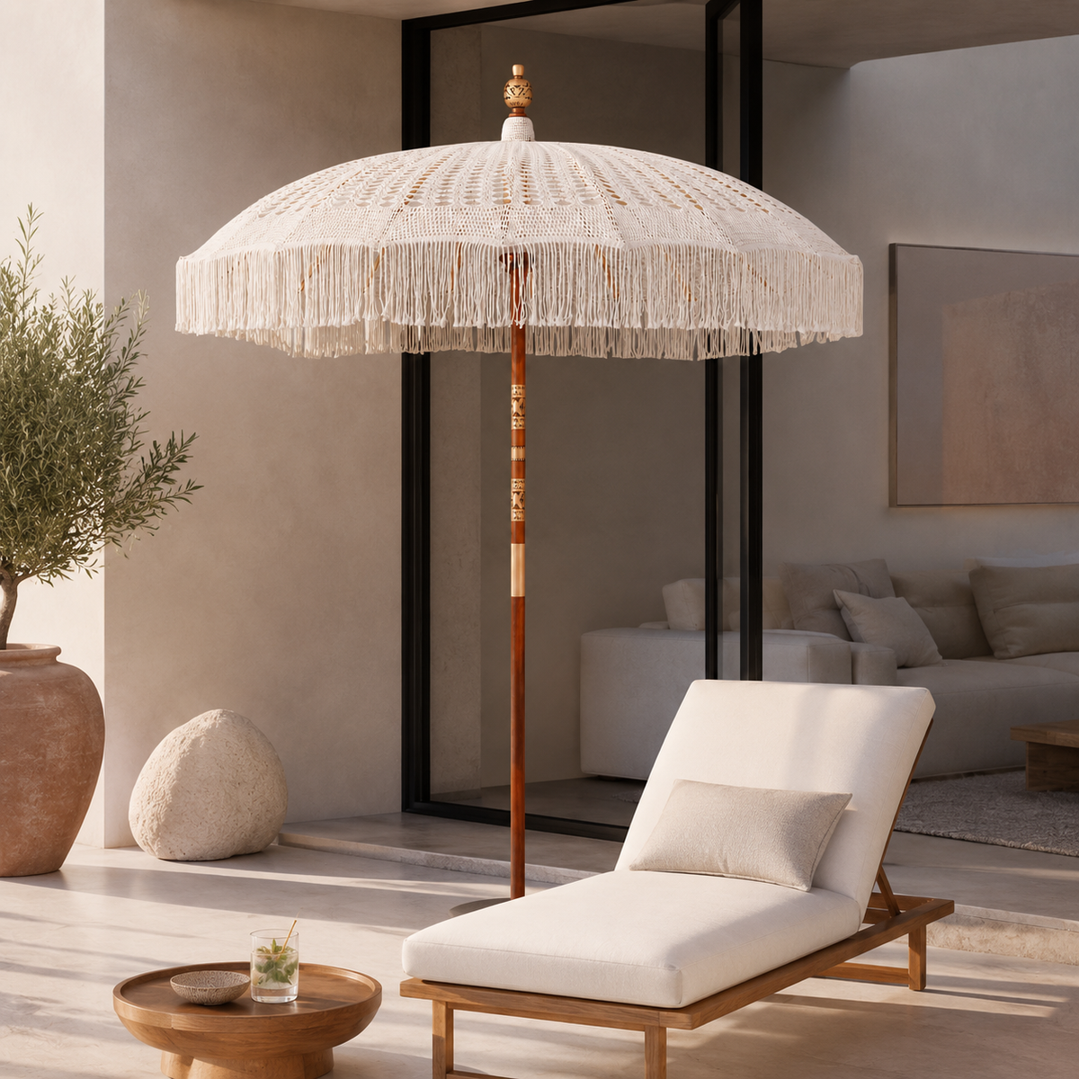 Parasol macramé couleur crème
