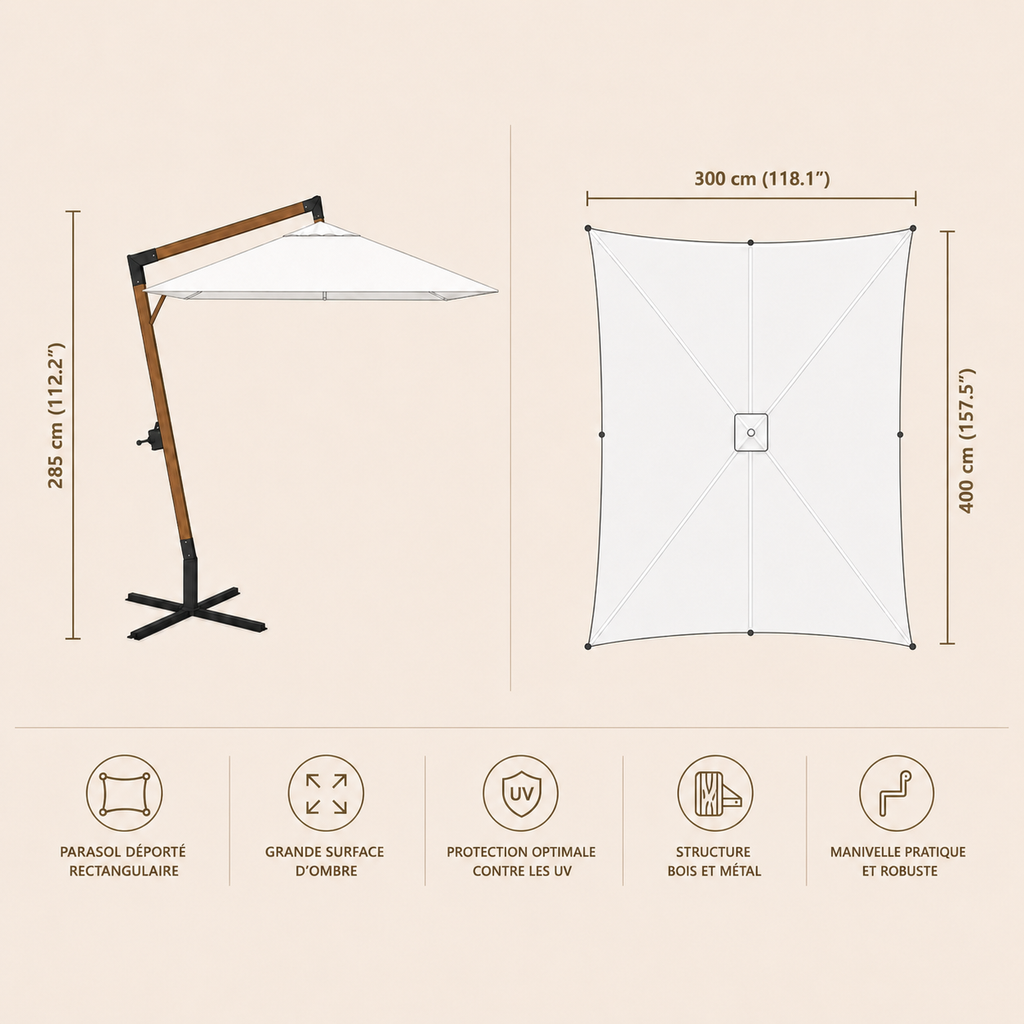 Parasol déporté 4x3 m avec protection UV pour terrasse