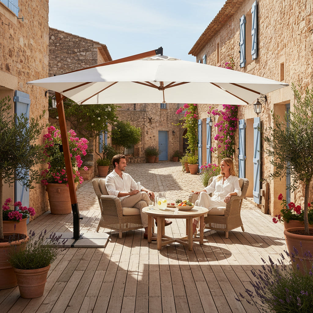 Parasol déporté 4x3 m avec protection UV pour terrasse